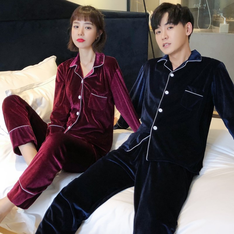 Oro de terciopelo pareja pijamas de las mujeres de estilo coreano de otoño y traje de invierno más tamaño de la boda de manga larga cardigan desgaste del hogar hombres