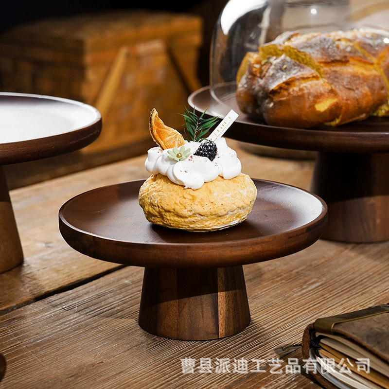 レトロアカシア木家庭用リビングルームのお菓子皿デザート台展示棚ケーキトレー木製高脚フルーツ皿ins|undefined