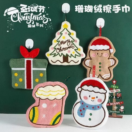 New Coral Velvet Hand Towels, Christmas Series, Creative Small Hand Towels That Can Be Hung in the Kitchen and Bathroom for Christmas