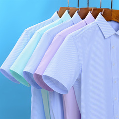 2025夏男性ブルー半袖シャツ中年ビジネスフィット工服シャツ男性半袖作業服ロゴ