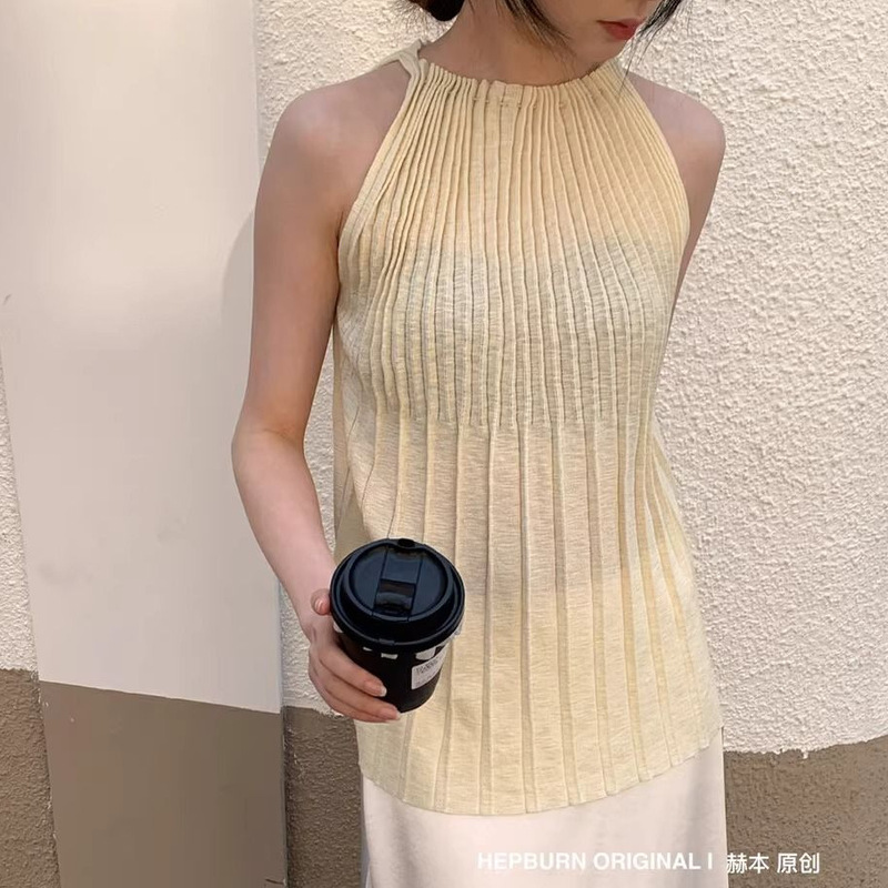クロスボーダーヘップバーンプリーツホルターネックトップ女性の夏フレンチデザインニッチ気質ルーズノースリーブベスト痩身|undefined
