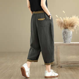 实拍2025年夏季薄款棉麻宽松阔腿哈伦裤高腰复古撞色工装休闲女装