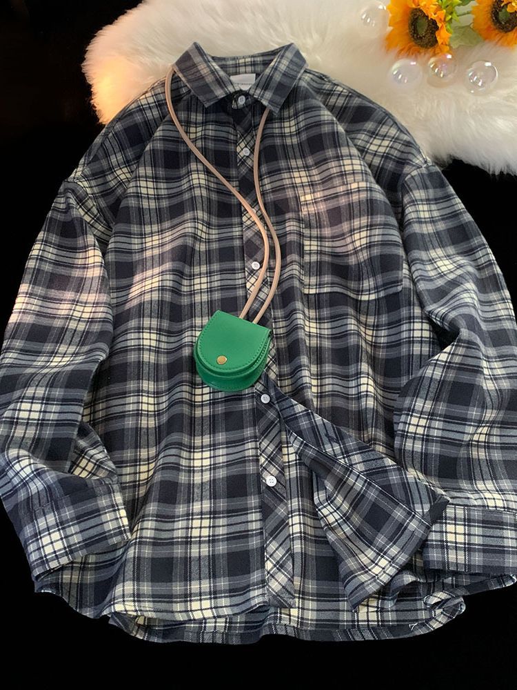 Otoño Hong Kong estilo camisa a cuadros hombres Pu guapo de alta calidad camisa de manga larga de moda marca de moda estilo japonés Capa delgada interior