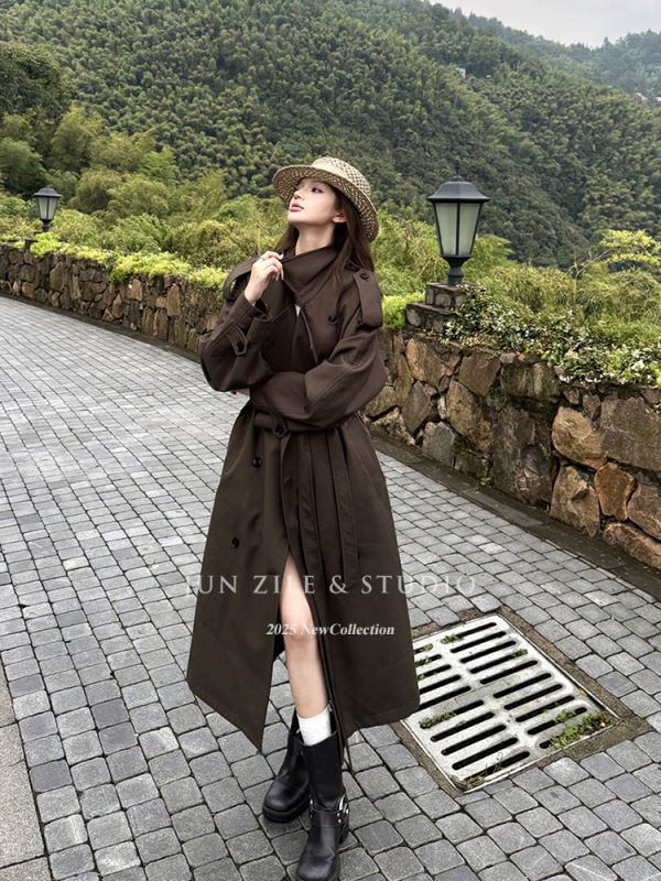 风衣外套女长款高个子韩系英伦风气质秋季新款翻领收腰双排扣大衣|undefined