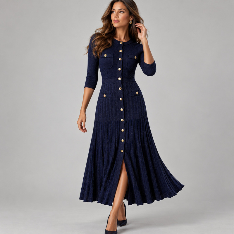 Chanel-style three-quarter sleeve knitted long dress for women, Shein round-neck pleated Knit Midi Dress, breathable dress