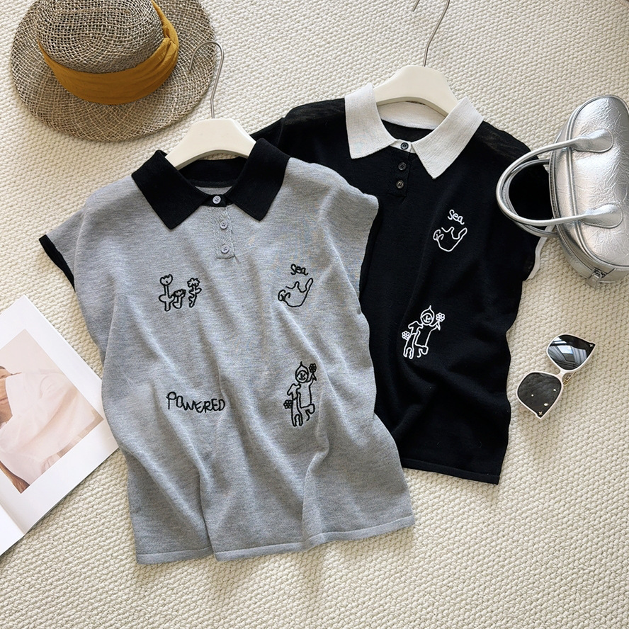 刺繍ラペルカラーブロック半袖セーター女性のための 2025 夏新ルーズ痩身多用途カジュアル薄手のセータートップ