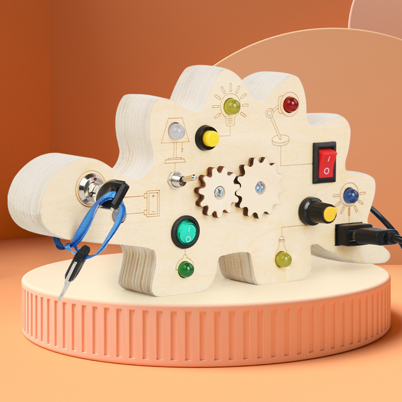 Juguetes educativos transfronterizos para niños, tablero de actividades de madera con interruptores, enchufes, circuitos, luces LED, juguetes de madera prácticos