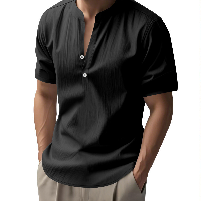 Camisa suelta casual de verano para hombres europeos y americanos, camisa de color sólido de lino de manga corta con cuello alto de moda para hombres