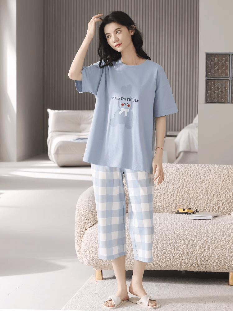 Pajamas for Women Summer 2025 New Summer Short-Sleeved Cropped Pants Fresh Blue Pure Cotton Women's Home Clothes Available for Wholesale