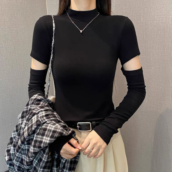 블랙 긴팔 티셔츠 여성용 데미지 디자인 봄 가을 슬림핏 골지 반하이넥 이너웨어 타이트핏 슬림핏 상의 트렌디