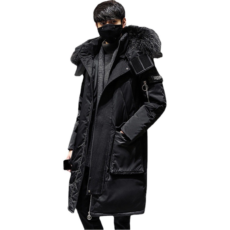 2025 新しい大きな毛皮の襟ミッドレングスダウンジャケットメンズ厚く暖かい膝上マルチポケット外国貿易冬ジャケット