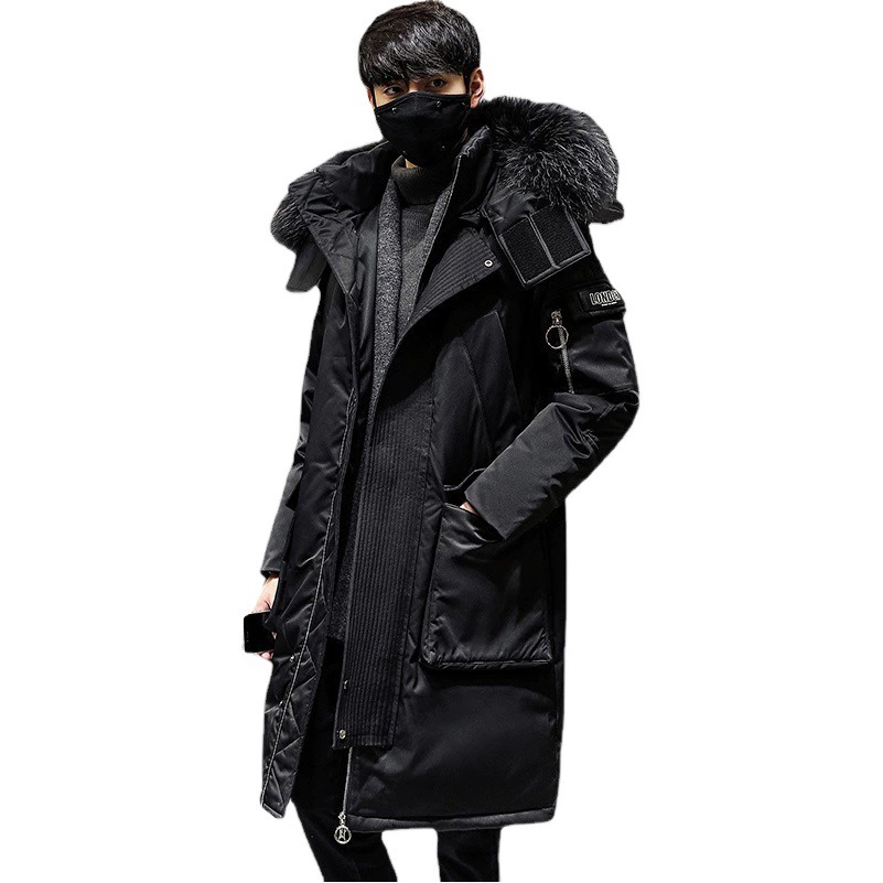 Новинка 2025 года, пуховик средней длины с большим меховым воротником, мужская утолщенная теплая зимняя куртка выше колена с несколькими карманами для внешней торговли