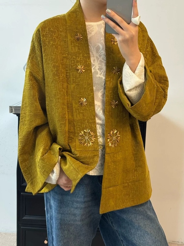 秋冬老钱风新中式超重工造型钉珠桑蚕丝锦油绸香云纱高端阔版外套|undefined