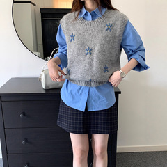 灰色提花小花无袖针织衫马甲背心女2025秋季新款宽松外搭叠穿上衣