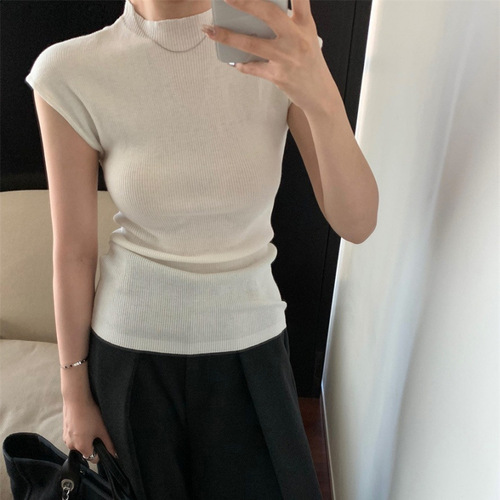Chic Spicy Girl Knit Short-Sleeve T-Shirt for Women, Summer Retro Casual Fitted Slimming Top, White Basic Layer Shirt