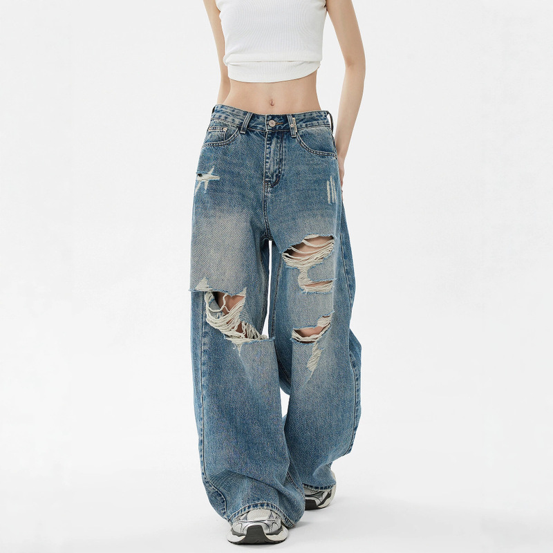 Summer New Style American Retro Ripped Jeans for Women, Thin Loose Wide-Leg Straight Pants, Washed Version, Good Fit Summer New Style American Retro Ripped Jeans for Women, Thin Loose Wide-Leg Straight Pants, Washed Version, Good Fit