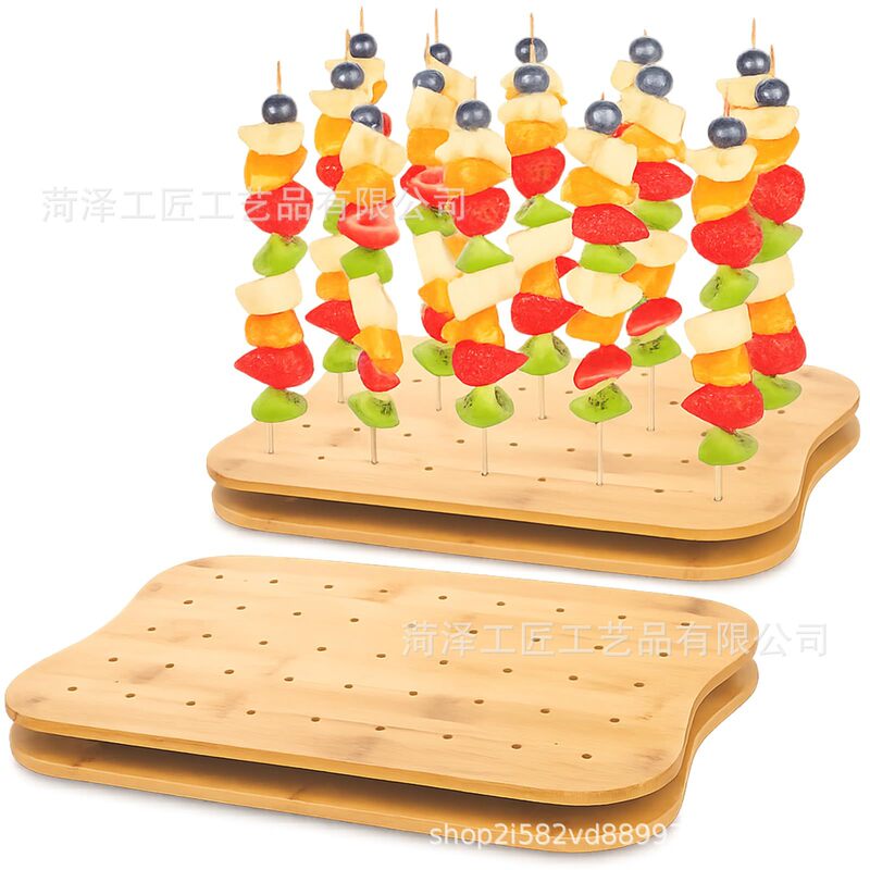 Bamboo Display Stand for Catering Supplies, Self-Service Display Board with Holes, Rectangular Appetizer Skewer Tray, Food Display Wooden Rack