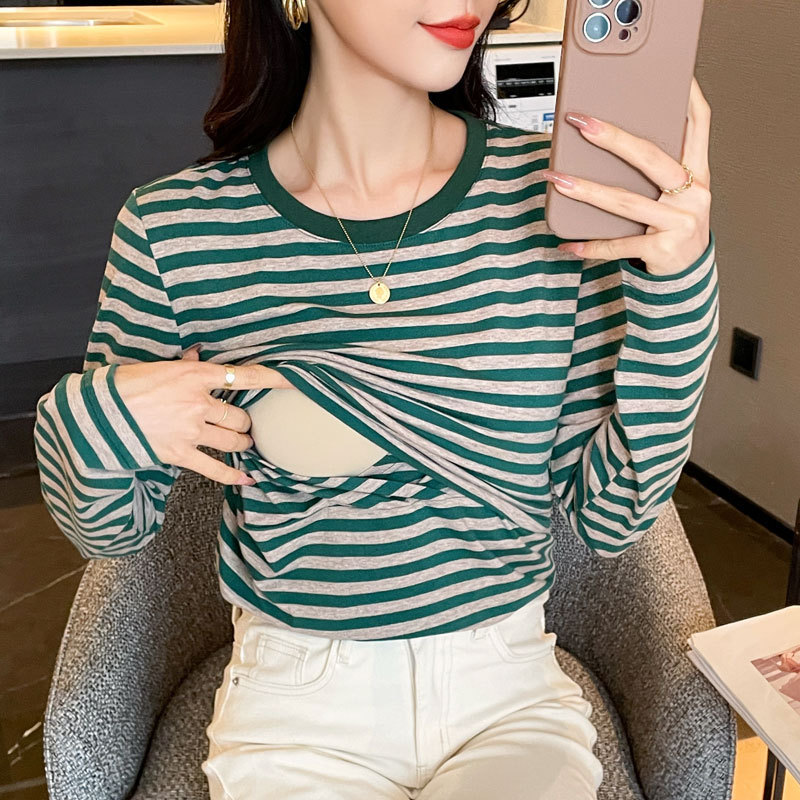 産後授乳服春秋ファッション外出授乳服辛いお母さん授乳中の純綿ストライプtシャツゆるい月子服|undefined