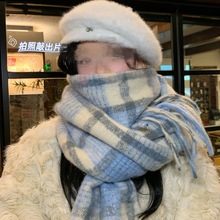 新款格子围巾女冬高级感加长百搭加厚软糯蓬松披肩保暖围脖代发