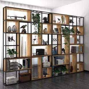 Iron Partition Storage Rack Office Screen Modern Solid Wood Bookshelf Floor-Standing Display Rack Industrial Style Storage Rack