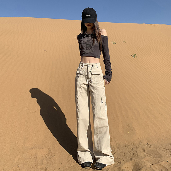 美式藏青色阔腿工装裤女秋季新款可调节腰设计感宽松直筒休闲裤子|undefined