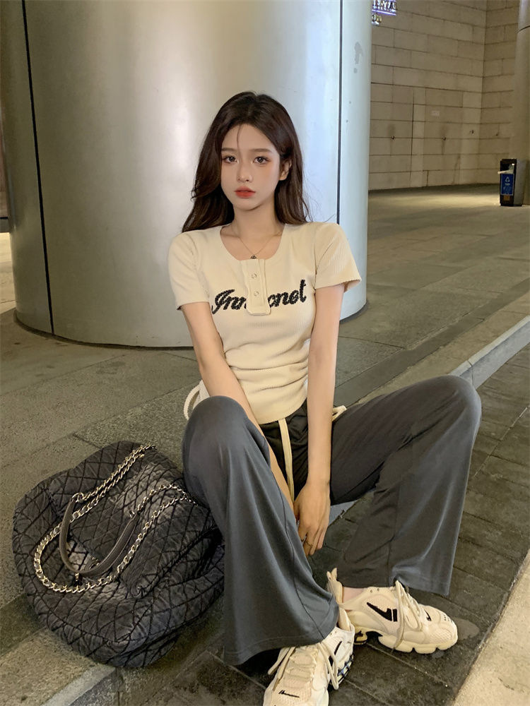 Sommer New Style American Sweet Cool Spicy Girl Kordelzug Kurzarm Abnehmen T-Shirt Ice Silk Weites Bein Lange Hosen_voghion.com