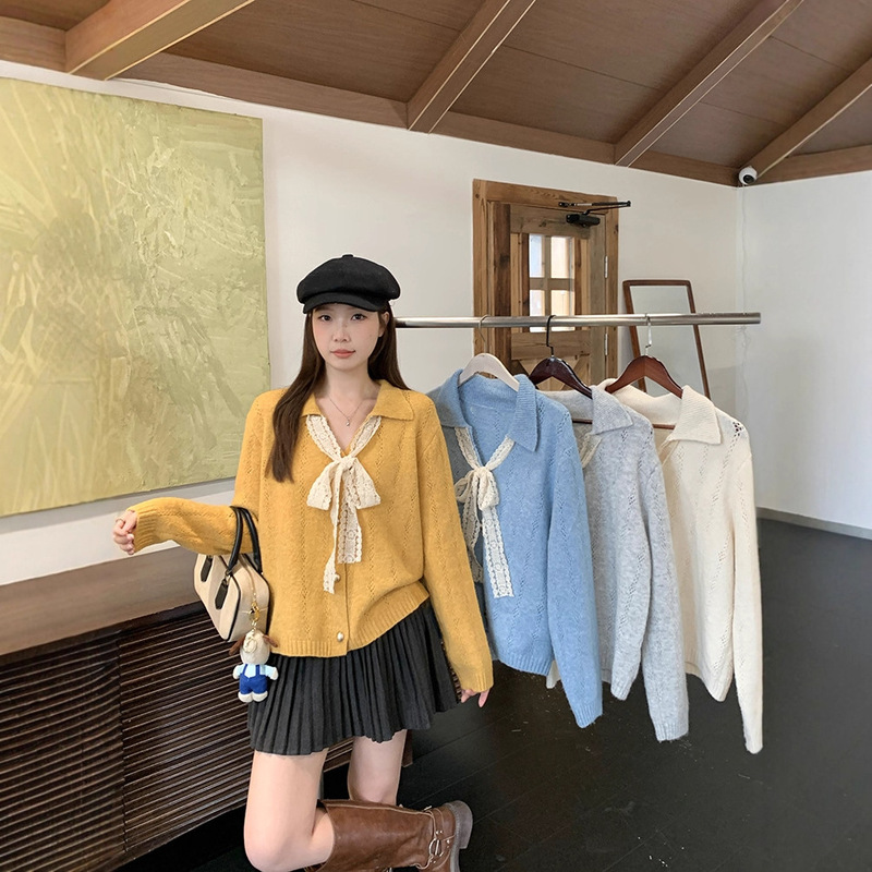 2025秋季新款胖mm大码女温柔风v领蕾丝系带蝴蝶结针织衫上衣|undefined