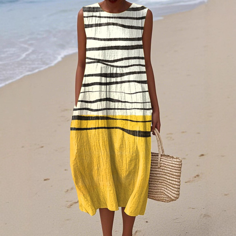 2026 Spring/Summer Sleeveless Casual Printed Cotton-Like Pocket Long Dress Slim Fit Casual Dress Fashion Plus Size Women's Clothing 2026 Spring/Summer Sleeveless Casual Printed Cotton-Like Pocket Long Dress Slim Fit Casual Dress Fashion Plus Size Women's Clothing
