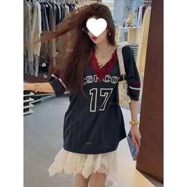 大码胖300蕾丝短袖恤女夏季宽松显瘦慵懒风设计感宽松休闲上衣