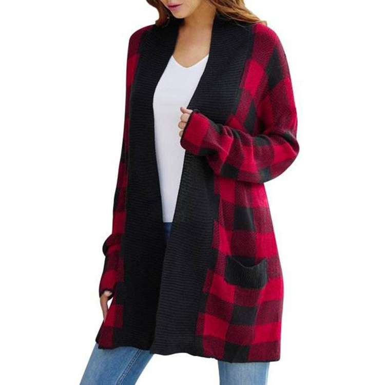 ヨーロッパとアメリカの貿易婦人服 AliExpress Amazon eBay 新しい大きいサイズのチェック柄ポケット長袖セータージャケット女性用|undefined