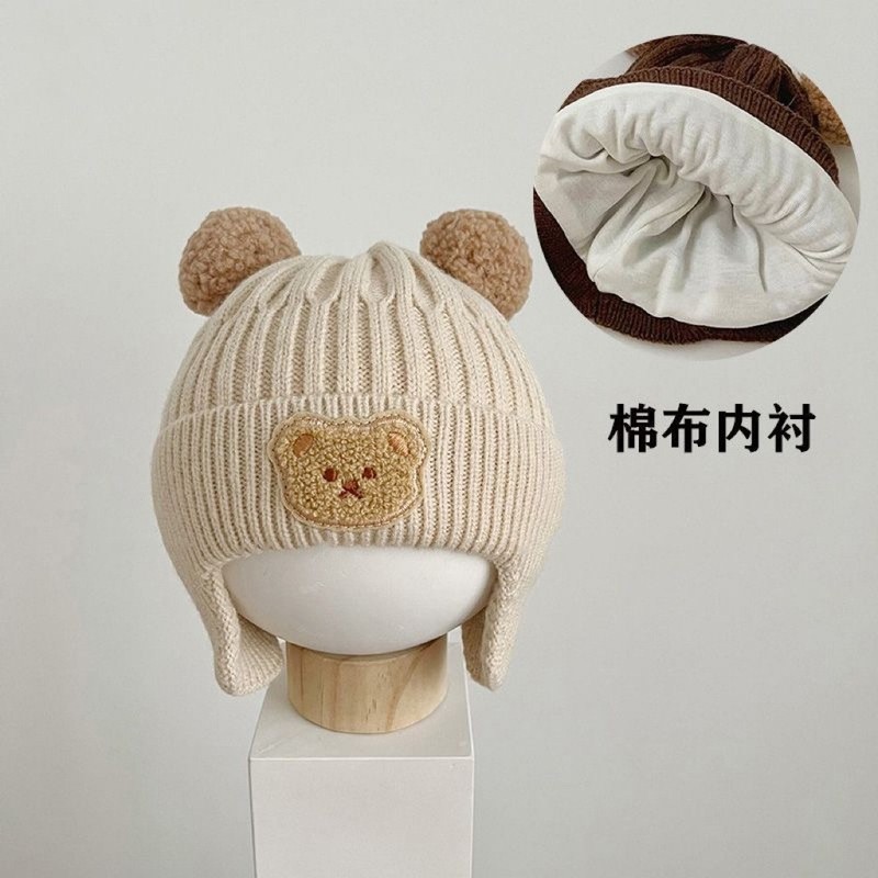 秋冬新款儿童保暖帽可爱小熊双球帽婴幼宝宝保暖护耳针织毛线帽|undefined