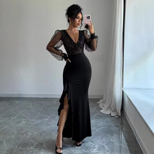 亚马逊2025春秋针织连衣裙优雅性感V领高腰修身亮片拼接弹性长裙