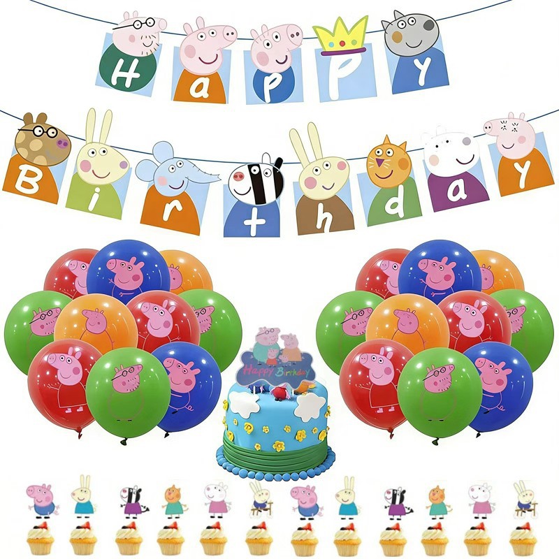 Cross-Border Peppa Pig Themed Birthday Decorations, Kids Party Banner, Cake Topper, Balloon Set
