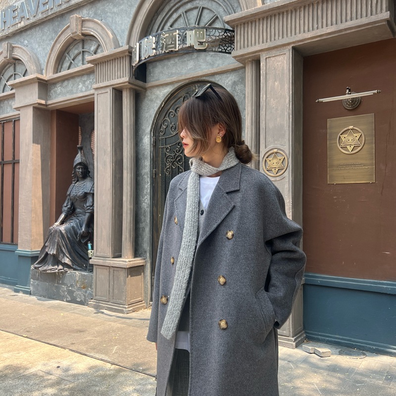 M Plus Classic Double-Breasted Cocoon Coat 90% Wool 10% Cashmere Coat for Petite Women Double-Sided Woolen Coat