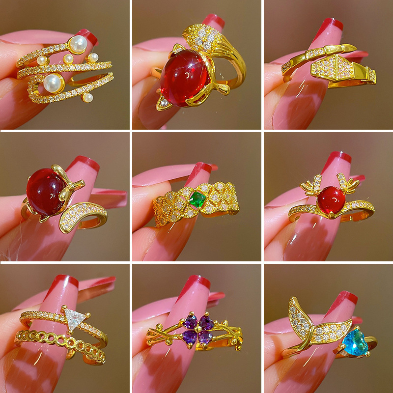 12g Weight Retro Triangle Flower Fish Tail Brass Inlay Artificial Pearls Rhinestones Open Ring