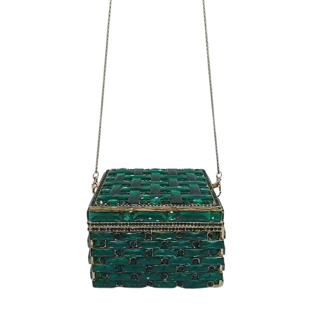 Túi clutch nữ đính kim cương dáng hộp vuông nhỏ dự tiệc — Nền vàng kim cương trắng, Vàng AB, Bạc AB, Màu bạc chi tiết 11
