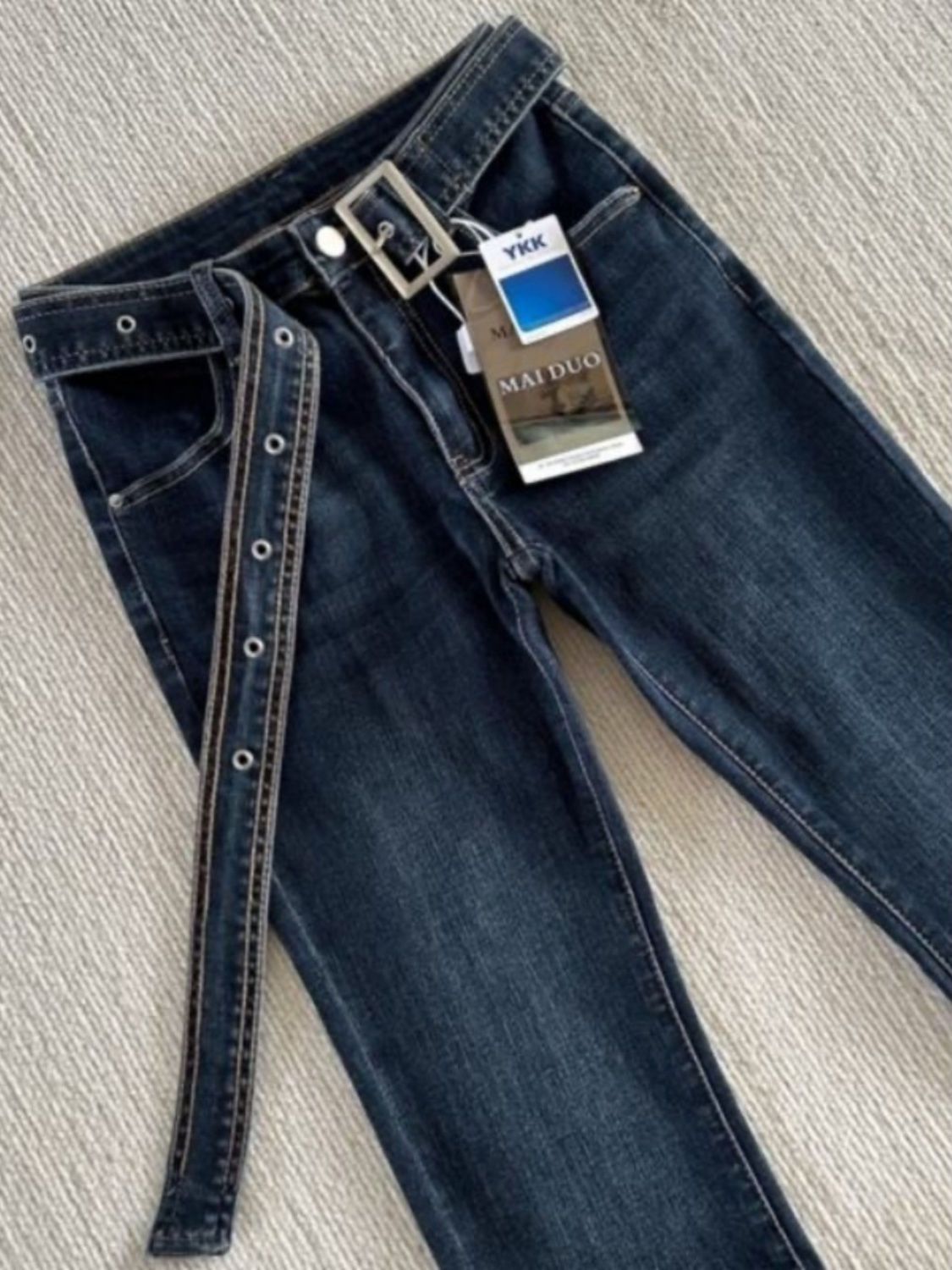 Women's Dark Blue Extra Long Flared Jeans Low Waisted Slim Fit_voghion.com