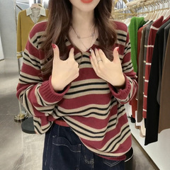 大码女装2025秋冬新款撞色条纹V领针织衫女时尚长袖减龄休闲毛衣