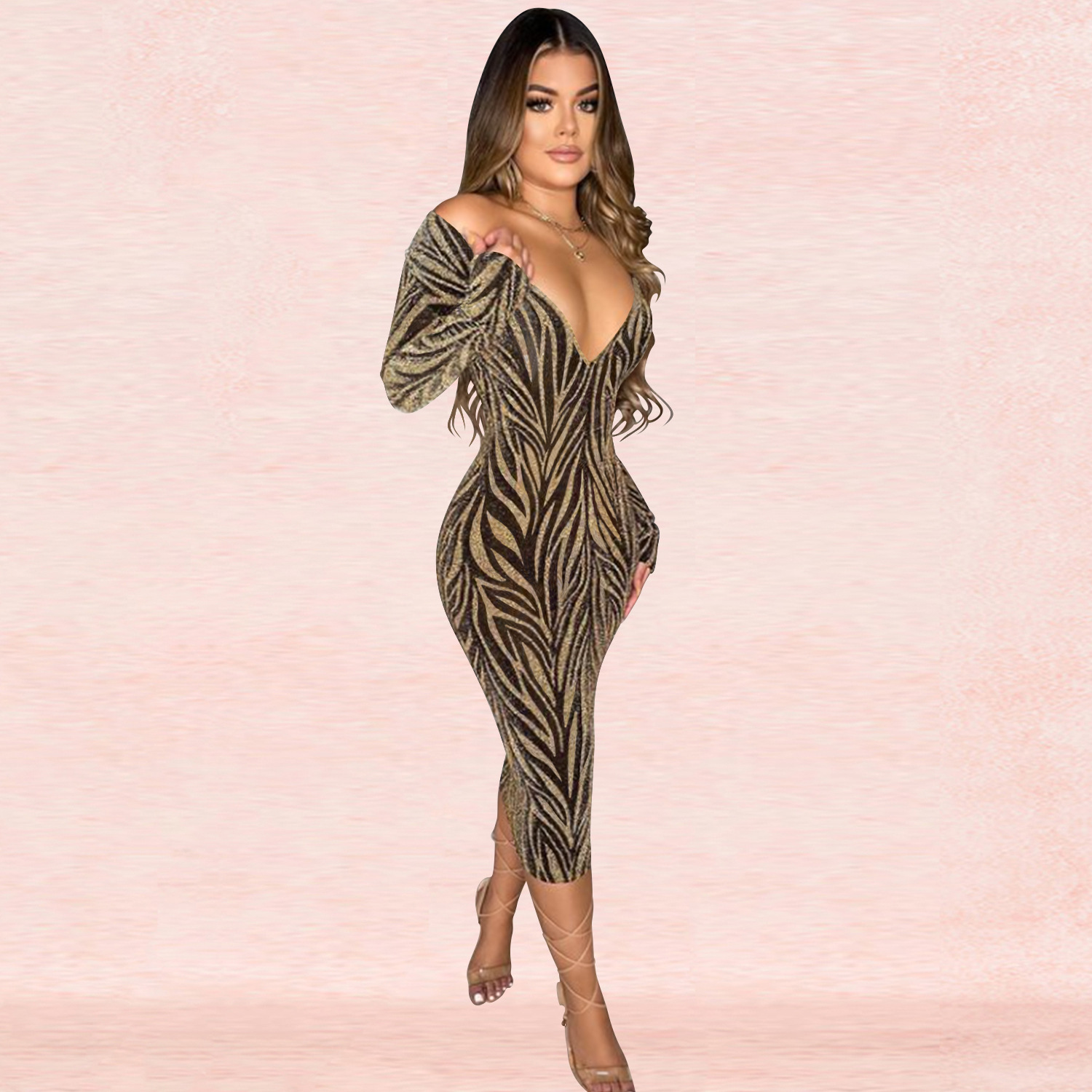 X5378 transfronteriza nuevo producto AliExpress Amazon europeo y americano moda sexy mujer profundo V manga larga pantalones vestido