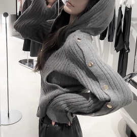 秋冬新款女装连帽子衫针织衫韩版慵懒风设计感百搭毛衣外套帽子衫