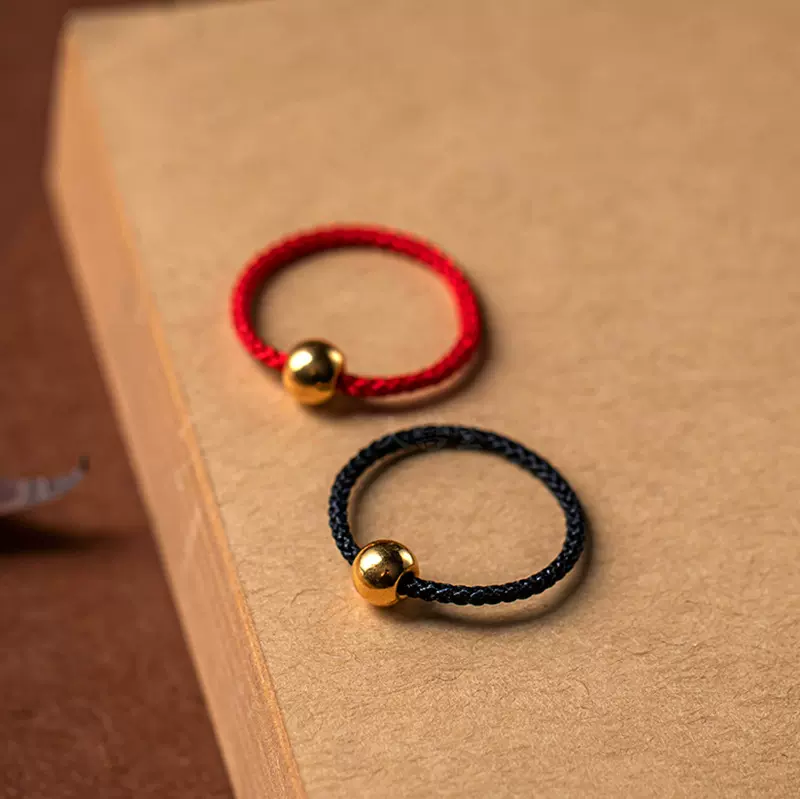 抖音带货同款18K金光珠戒指 本命年情侣黄金戒指编织手饰指环礼品