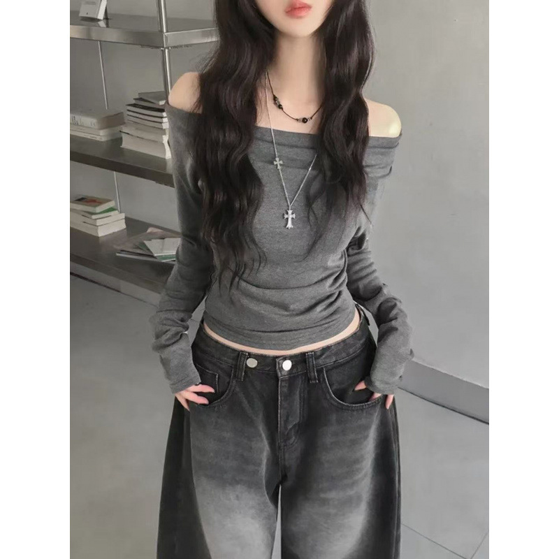 Stylish Off-Shoulder Ruched Long-Sleeve T-Shirt for Women, Spring and Autumn, Sweet and Cool Spicy Girl Style, Waist-Cinching, Slimming, Versatile Top Stylish Off-Shoulder Ruched Long-Sleeve T-Shirt for Women, Spring and Autumn, Sweet and Cool Spicy Girl Style, Waist-Cinching, Slimming, Versatile Top