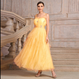 2025 European and American Yellow Strap Tube Bra Diamond Irregular Mesh Elegant Ladies Formal Dinner Dress