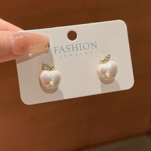 S925银针镶钻珍珠创意苹果耳环ins风小清新简约耳钉通勤耳饰批发