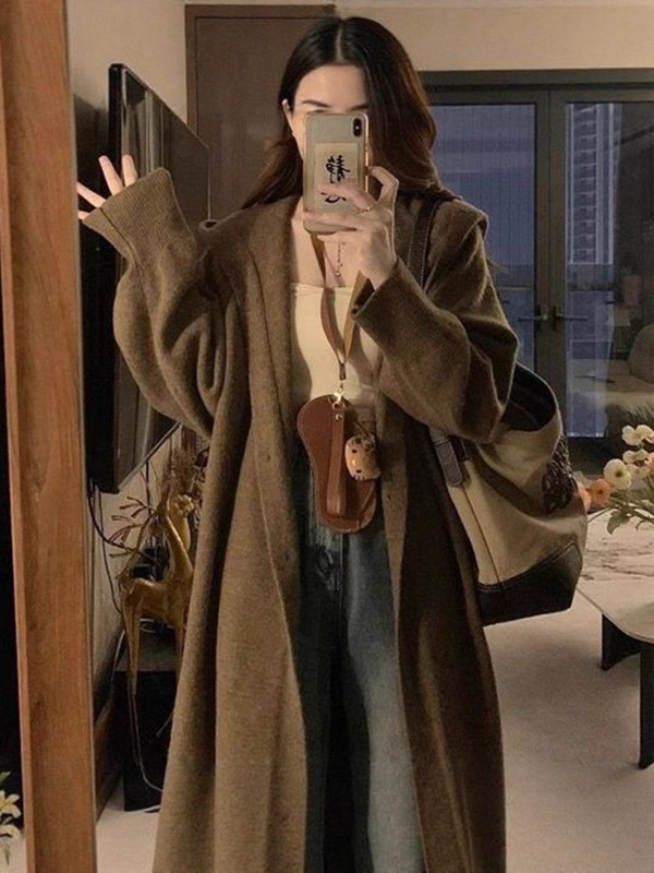 大码美拉德穿搭中长款毛衣开衫外套秋冬慵懒风连帽针织衫上衣|undefined