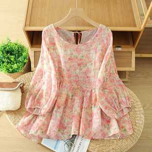 Actual Shot of 2025 Summer New Casual Versatile Digital Printed Round Neck Pullover Ramie Lantern Sleeve Babydoll Sun Protection Clothing