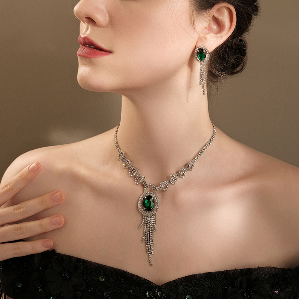 Retro Palace Style Double Row Diamond Necklace For Women With Diamonds Luxury With Tassel Pendant Necklace Earrings Set Clavicle Chain