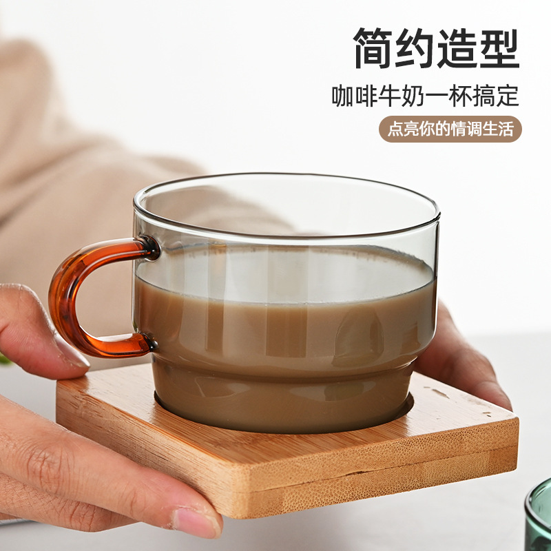 小清新早餐牛奶彩色玻璃杯ins帶把木托盤咖啡杯下午茶家用喝水杯