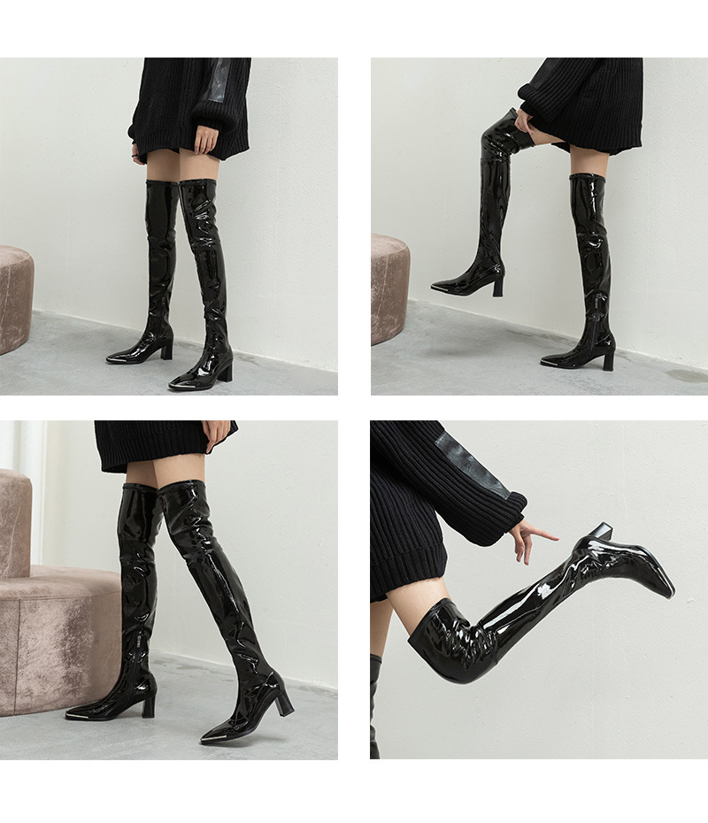 Boot nữ cổ cao quá gối da sáng chế mũi vuông kim loại gót vuông ôm chân co giãn — Lớp lót bằng da sáng chế màu đen chi tiết 22