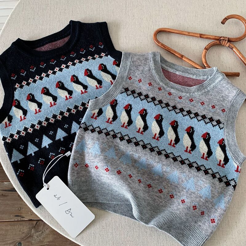 Children's Sweater 2026 Autumn New Arrival Boys and Girls Little Penguin Jacquard Round Neck Knit Vest Trendy Waistcoat
